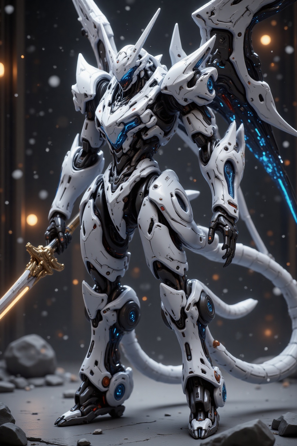 Mechanical metallic texture,This is a highly detailed CGI image of a futuristic, anthropomorphic robot with a sleek, metallic body in white and black. The robot has large, angular wings and a glowing blue core. It holds a glowing sword with a golden hilt. The background features a dark, industrial setting with blurred, colorful lights and falling snow. The robot's design is reminiscent of sci-fi mecha, blending organic and mechanical elements.