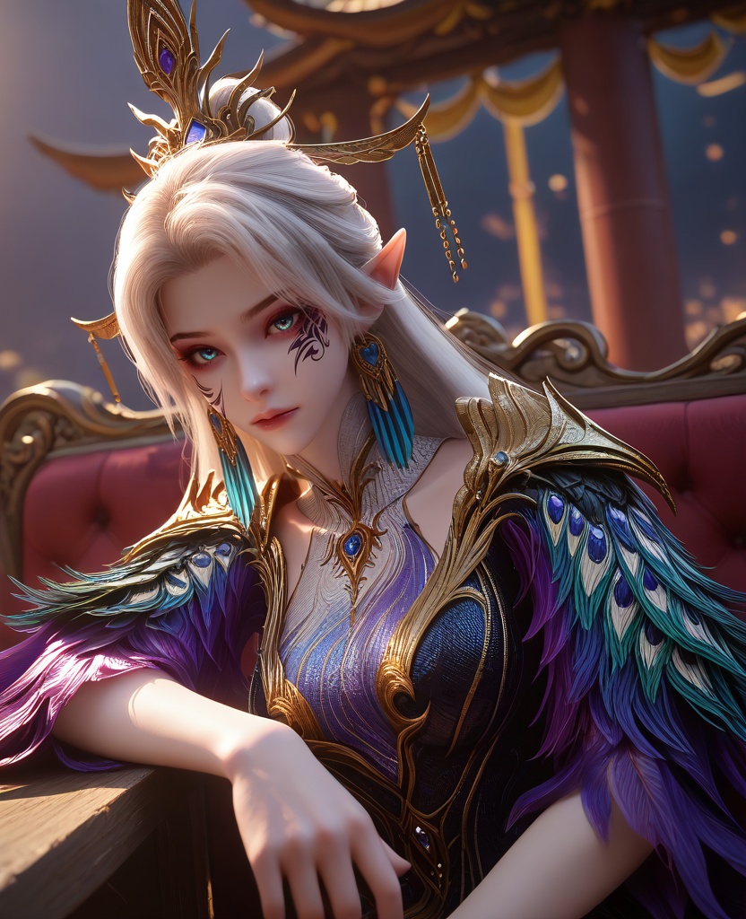 (Resting on a bench in a busy city, looking tired but content after a long day of exploring,:1.1),looking at viewer,(large breasts:1.2),<lora:XL16云深不知梦燕倾霏穹冥本体:0.95>,miss yanqingfei,atropurpureus gown,heterochromia eyes with blue and red,facial mark,white hair,very long hair,hair ornament,hair bun,earrings,jewelry,pointy ears,, score_9,score_8_up,score_7_up,score_6_up,score_5_up,score_4_up,3d rendering,tag1,tag2, Cinematic Lighting,backlighting,