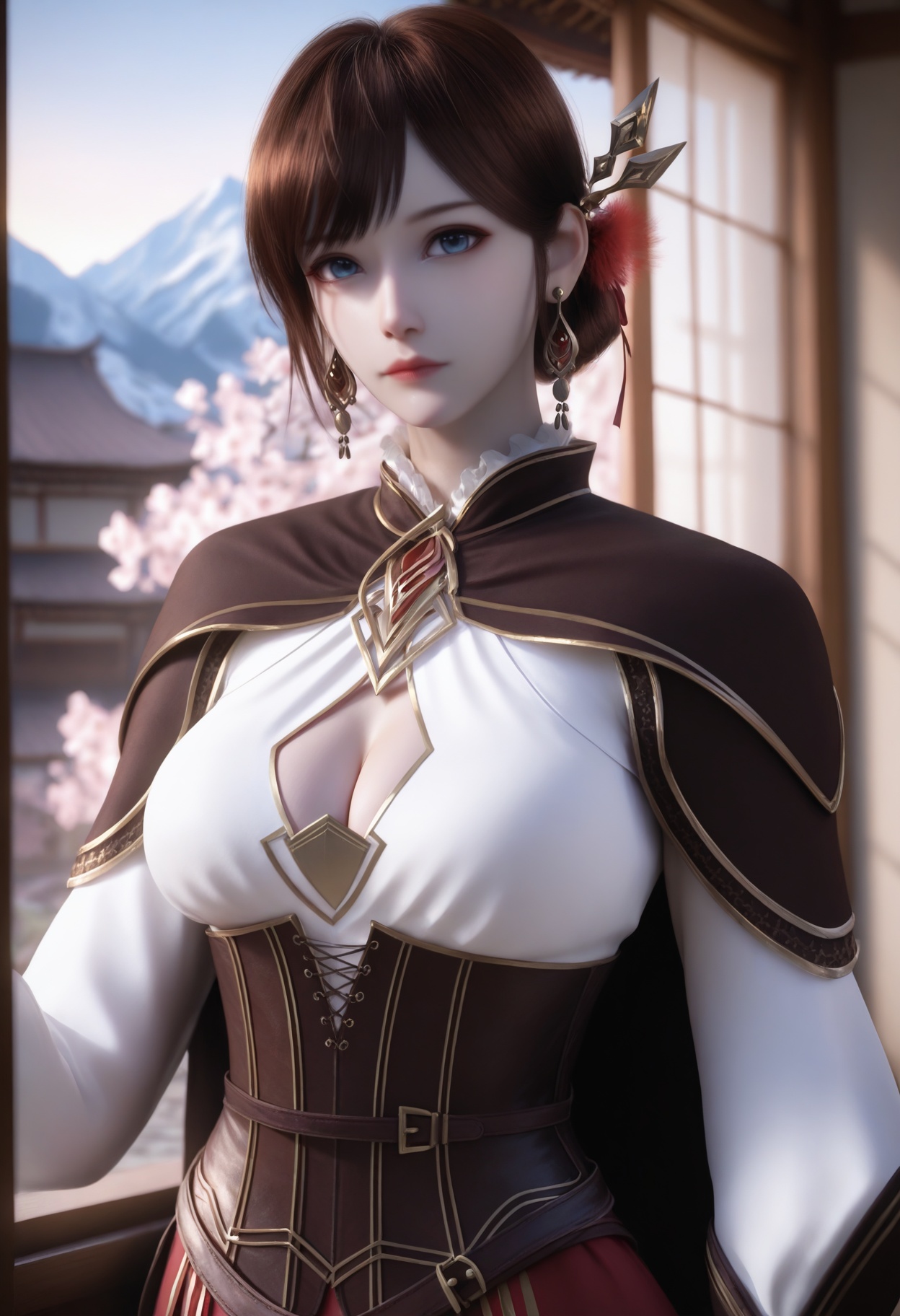 He_di,1girl,brown hair,earrings,hair ornament,jewelry,cleavage,blue eyes,blurry background,short hair,corset,cowboy shot,bangs,<lora:He_di_10_illu-000006:0.75>,cape,gloves,high heels,brown footwear,skirt,thigh boots,long sleeves,red skirt,side slit,clothing cutout,cleavage cutout,photorealistic,hyperrealistic,<lora:realistic filter [IL]:1>,(pale skin:0.7),looking at viewer,standing,(upper body:1.2),close up,head shot,lantern,open window,looking at viewer,indoors,mountains,blossoms,flowers,east asian architecture,beautiful sunrise,warm ambient temperature,