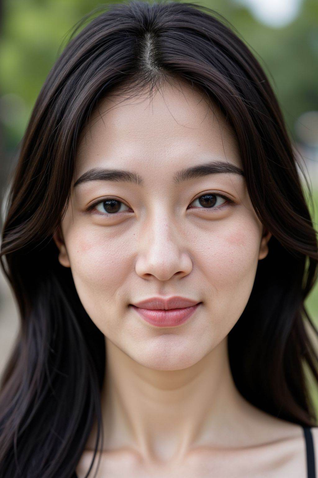 This slightly somber, close-up portrait depicts an Asian woman in her early twenties with long and smile, center-parted black hair. Her features are sharp and angular, with realistic skin tones, including freckles, moles, acne scars, and pores. Her deep, deep eyes, slightly amused, gaze directly at the viewer. Her skin tone and pores are clearly visible, and her complexion is relatively fair. The soft lighting casts subtle shadows, highlighting the facial features and creating a cinematic atmosphere. The background in the park, highlighting the subject. The facial features are clearly defined, and the skin tones are realistic and clearly visible. The work exhibits a modern, minimalist aesthetic, reminiscent of a studio scene or portrait. The overall atmosphere is restrained and slightly melancholic, creating a sense of vulnerability. The composition is balanced, with the subject centered. The perspective is frontal, creating a unique style.