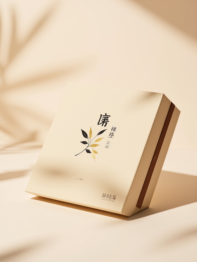 sz,a minimalist, beige gift box with a light brown ribbon. The box features a minimalist, black and gold leaf design with Japanese characters and the number "2021" in the lower left corner. The background is a soft, neutral beige with subtle shadows, creating a clean, elegant aesthetic.<lora:S-T-包装设计_S1.6:1>