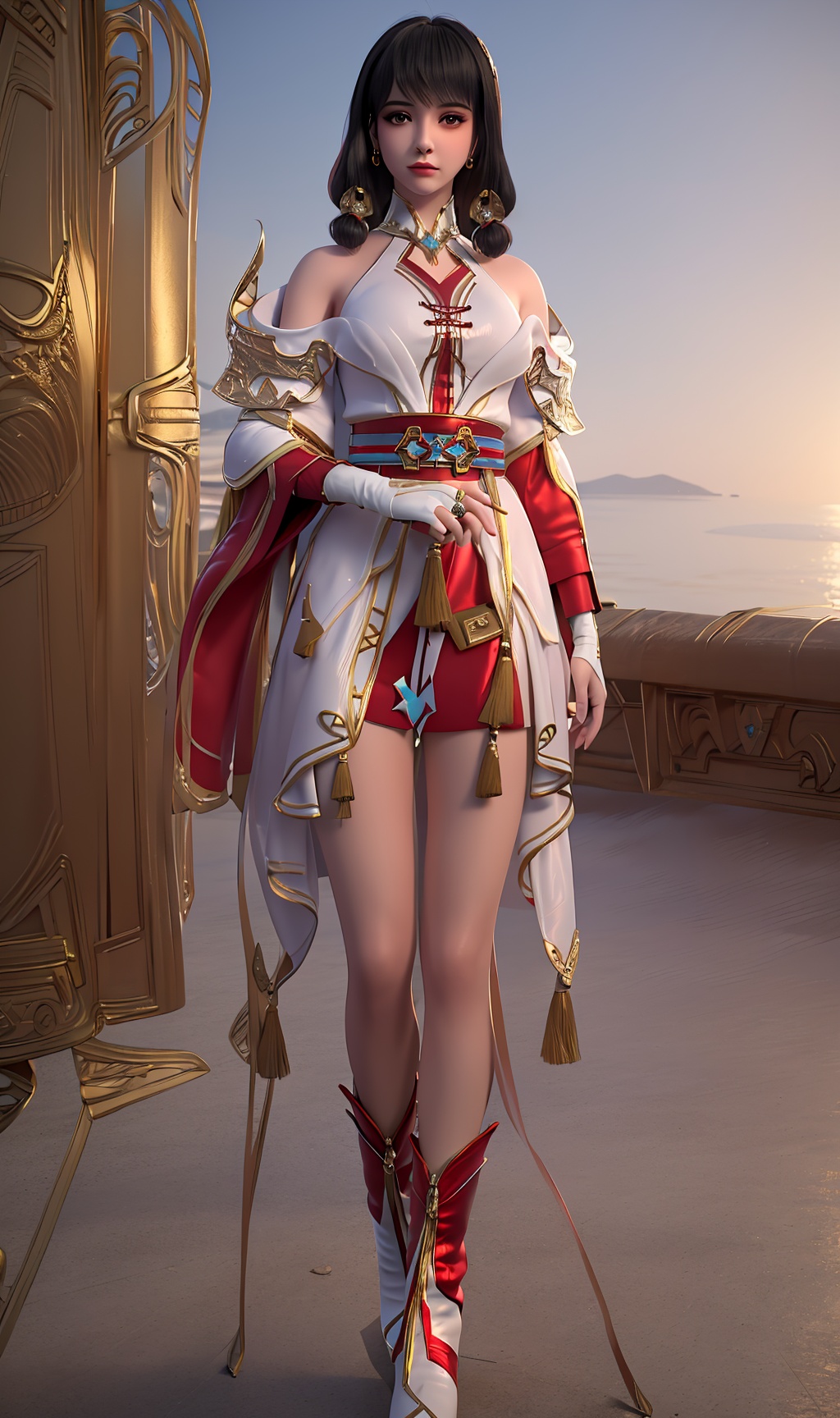 3D,masterpiece,(best quality),(makeup),official art, extremely detailed cg 8k wallpaper,((crystalstexture skin)), (extremely delicate and beautiful),(highly detailed),(face),(1girl), (solo), (jewelry), (earrings),(black_hair),(long_hair),(hair_ornament),(handwear),(breasts),(standing),(collar),(wristband),(hair_tubes),(tassel),(gold_trim),,((full_body,whole_body)),(off-shoulder_dress),,(multicolored_clothes),(multicolored_dress),(closed_mouth),(gloves),(shiny_clothes),(shoulder_armor),(long_legs),(sunshine, outdoor),((looking_at_viewer)),((Facing the camera)),(boots),(toeless_footwear), , <lora:hipoly3DModelLora_v10:0.3>