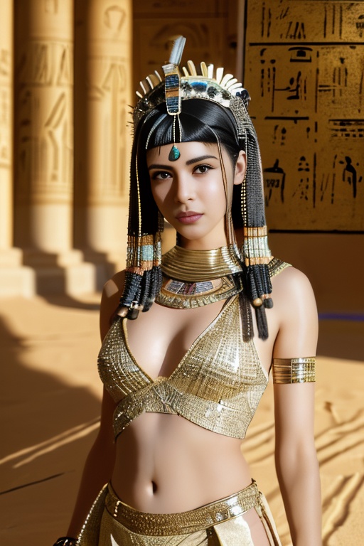 hyperrealism, realistic, mystery, in temple, ray tracing, indoor, sands on the ground, shadow, 1girl, solo, egyptian, exotic, looking at viewer, upper body, perfect body, sexy, noble, jewelry, headdress, black hair, bracelet, health, , <lora:埃及艳后_V1.0-10:0.75>