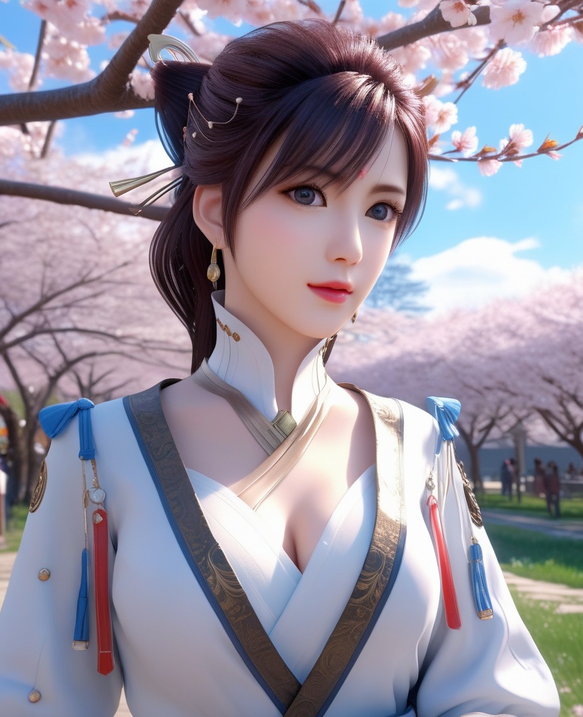 <lora:639-DA-XL-眷思量-须灵犀:0.8>(,1girl, ,best quality, ),looking at viewer,  ultra detailed background,ultra realistic 8k cg,ultra detailed 8k cg,masterpiece,upper body,  (( , )),, ,science fiction,mole, ultra realistic 8k cg, ,    ,outdoors, sun,sunlight, cherry blossoms,      (cleavage), (),