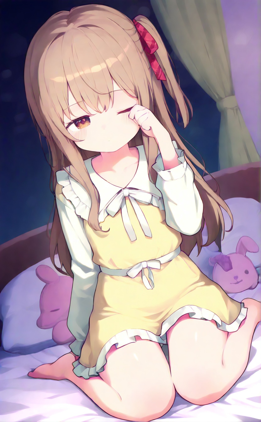 masterpiece,very aware,highres,absurdres,newest,best quality,loli,petite,high quality,chromatic_aberration,cinematic_angle,dutch angle,blurry_foreground,A light gradient background with white on top and brown at the bottom,student,"Girl",//,1girl,solo,long hair,sitting,pillow,barefoot,one eye closed,brown hair,rubbing eyes,stuffed toy,looking at viewer,dress,wariza,frills,curtains,ribbon,brown eyes,long sleeves,stuffed animal,bangs,blush,indoors,collarbone,bow,on bed,frilled dress,bed,hair ribbon,yellow dress,closed mouth,full body,holding,matsuzaka satou,//,//,blurry background,blurry background,official art,depth of field,detailed light,best shadow,shiny skin,cinematic lighting,ray tracing,amazing quality,very aesthetic,absurdres,beast quality,ultra detailed,newest,8K,HDR,full_shot,//,<lora:lora-000003.by_tusi:1.5>,