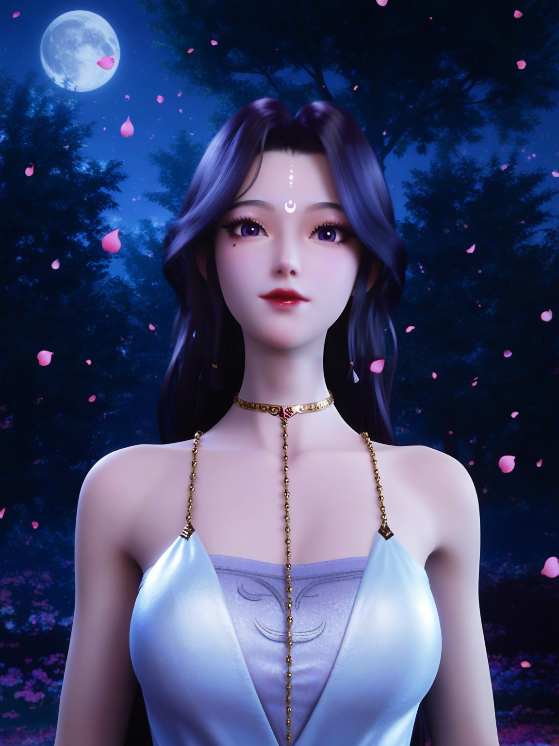 score_9,1girl,breasts,breasts,long hair,looking at viewer,facial mark,forehead mark,red lips,dress,choker,lipstick,falling petals,eyelashes,solo,looking at viewer,enchanting expression,outdoors,<lora:SF_YueYe_YuYi_Pony_Realism2.3:0.7>,