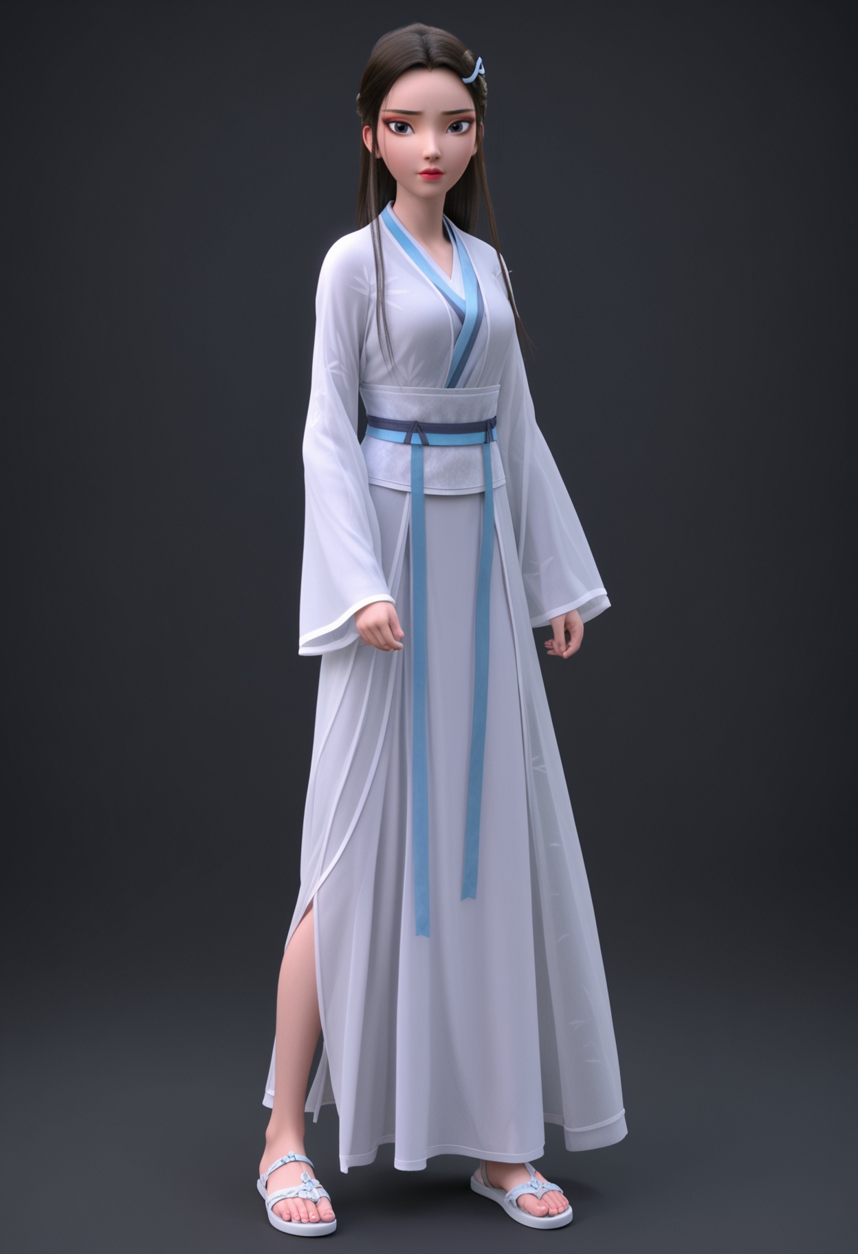 (perfect_anatomy:1.1),(full_body:1.1),(looking_at_viewer:1.1),<lora:YQ_pony_baishe_V7:0.8>,1girl,q1528437228,solo,long hair,black hair,hair ornament,makeup,red lips,black eyes,chinese clothes,long sleeves,hanfu,brown hair,realistic,sash,brown eyes,eyeshadow,forehead,lipstick,hair bun,ribbon,hair ribbon,wide sleeves,dress,hair stick,low-tied long hair,sandals,see-through,blue eyes,white ribbon,ponytail,headband,single hair bun,hair pulled back,(looking_at_viewer:1.1),perfect_anatomy BREAK perfect_anatomy,solo focus,(score_9:1.2),masterpiece,(best quality:1.1),(simple background,pure black background,black background:1.1),perfect_anatomy,