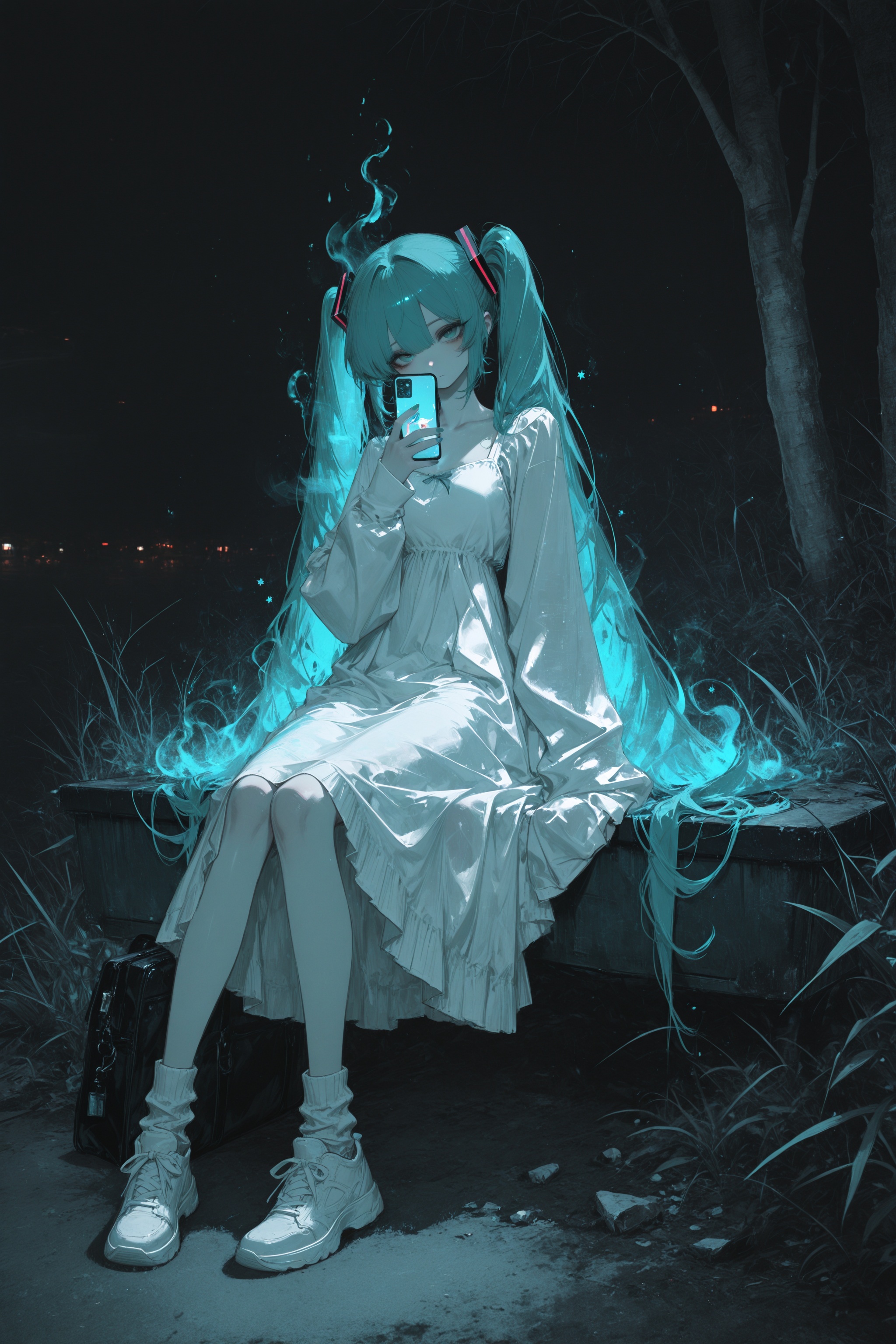 masterpiece,best quality,amazing quality,very aesthetic,absurdres,newest,highres,usa37107692,dino_(dinoartforame),beast_quality,masterpiece,8k,abstract,1girl,sitting,full_body_shot,solo,twintails,bag,phone,(multicolored_theme:1.5),miku,hatsune miku,holding,dress,outdoors,socks,ground vehicle,hair ornament,cellphone,night,bangs looking_at_viewer,neon,loose_sleeves,glitch_art,glitch_effect,black_background,scanlines,(monochrome:1.3),tall_trees,mystical_forest,grassy_pathway,neutral_expression,star_hair_accessory,foggy_background,stylish,soft_dark_theme,flowing_white_dress_with_translucent_layers,soft_glow,ethereal_aura,aesthetic_pixelation,ambient_mist,bioluminescent_glow_in_trees,faint_stardust,