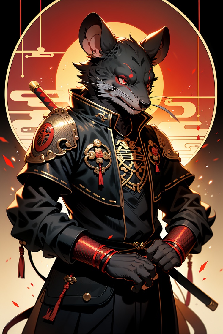 furry,furry male,weapon on back,sword,male focus,solo,weapon,animal ears,coat,black fur,armor,mouse ears,smile,sheathed,sheath,black coat,cowboy shot,long sleeves,year of the rat,red eyes,chinese zodiac,standing,rat,zodiac,Dark,masterpiece,best,<lora:暗黑十二生肖_Zodiac:0.8>,