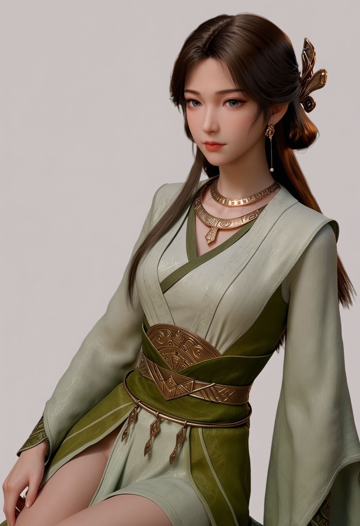 score_9,high detail,best quality,shiny skin,shiny,meining,1girl,solo,grey eyes,brown hair,long hair,jewelry,white background,necklace,realistic,hair ornament,earrings,simple background,dress,closed mouth,long sleeves,chinese clothes,lips,sash,green dress,looking at viewer,thighs,<lora:QQSponymeiningV1:0.8>,<lora:Pony_DetailV2.0:0.8>,<lora:皮肤凹痕:0.1>,