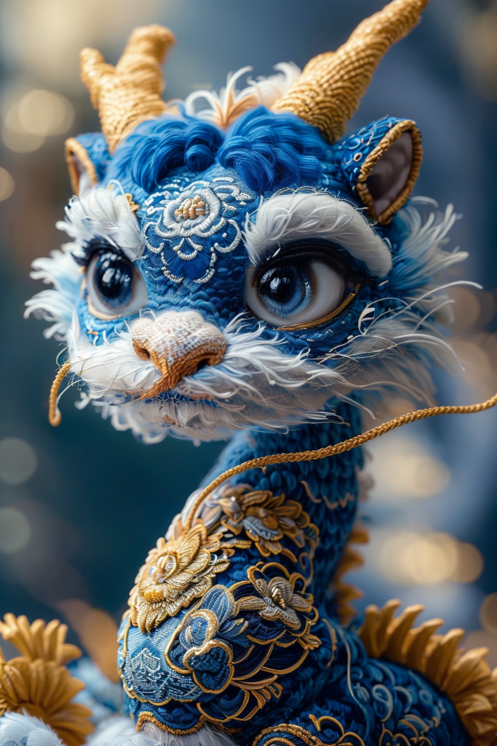 a blue and gold image of a Chinese Loong,realistic fine details,Chinese embroidery,no humans,looking at viewer,depth of field,animal,animal focus,realistic,