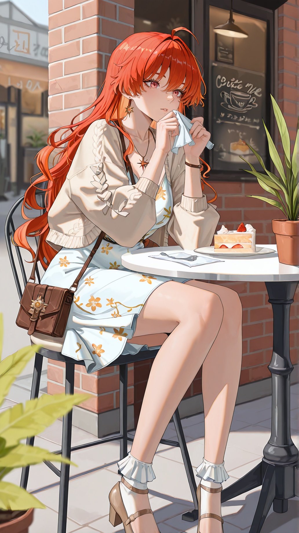 masterpiece,best quality,amazing quality,<lora:augusta-000025:0.8>,1girl,red eyes,red hair,augusta \(wuthering waves\),<lora:20250808-1754650692631:0.8>,zhigan3d,1girl,solo,floral_dress,short_sleeve_dress,ruffled_hem,white_knit_cardigan,cropped_cardigan,mary_jane_shoes,ankle_socks,small_leather_tote,holding_latte,sitting_at_outdoor_table,street_cafe,brick_wall (cafe exterior),potted_plant,small_cake_on_plate,napkin,afternoon,warm_sunshine,passersby (blurred background),shallow_depth_of_field,cozy_atmosphere,