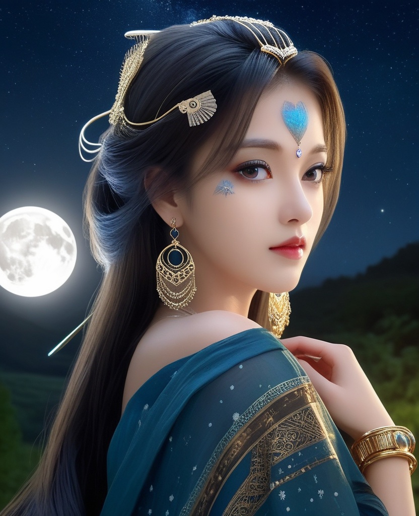 <lora:571-DA-XL-眷思量-奉眠:0.8>(,1girl, ,best quality, ),looking at viewer,masterpiece(,1girl,night, starry sky, milky way,outdoors, full moon,  night sky, darkness,  world of darkness, , ) ,ultra realistic 8k cg,   clean, masterpiece,     (( , )),, , , prestige, luxury, jewelry, diamond, gold, pearl, gem, sapphire, ruby, emerald, intricate detail, delicate pattern, charming, alluring, seductive, erotic, enchanting, hair ornament, necklace, earrings, bracelet, armlet,halo((, )), (),