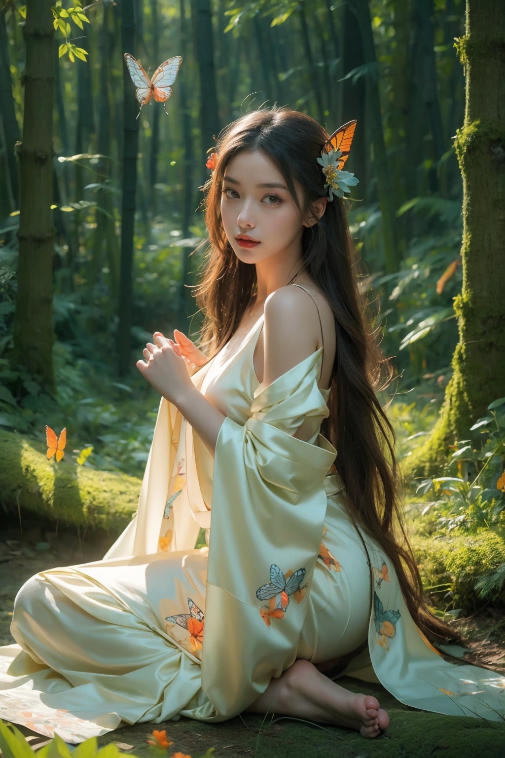 (masterpiece:1.2),best quality,highres,extremely detailed CG,8k wallpaper,photograph,night,1girl,forest system,nature,butterfly,bug,long hair,butterfly,hair ornament,sleeves flying,ribbon trim,looking at viewer,hanfu,barefoot_sandals,makeup,red lips,bare shoulders,lipstick,hair flower,<lora:FF_20240114010424-000007:0.7>,