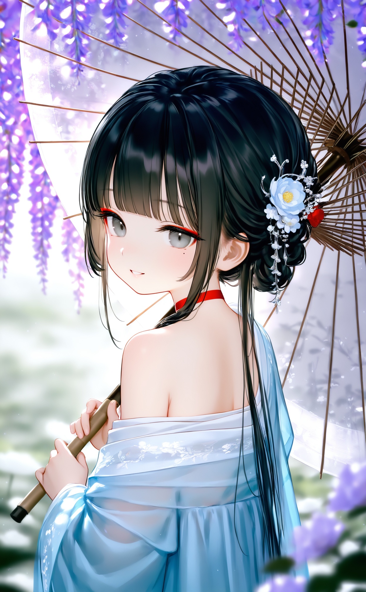 masterpiece,best quality,high quality,loli,chromatic_aberration,//,1girl,solo,black_hair,umbrella,wisteria,holding_umbrella,flower,mole_under_eye,hair_ornament,hanfu,looking_at_viewer,holding,hanfu,mole,grey_eyes,oil-paper_umbrella,upper_body,off_shoulder,single_bare_shoulder,long_hair,red_choker,looking_back,blurry,choker,smile,blunt_bangs,hair_flower,parted_lips,bare_shoulders,from_behind,purple_flower,makeup,eyeshadow,blurry_background,white_hanfu,depth_of_field,blurry_foreground,eyeliner,kanzashi,back,blue_hanfu,sidelocks,white_flower,transparent_umbrella,//,year_2023,year_2024,//,official art,depth of field,detailed light,blurry background,cinematic lighting,ray tracing,ultra detailed,god rays,backlighting,photo background,film grain,chromatic aberration,volumetric lighting,depth of field,blurry background,cinematic lighting,day,very aesthetic,