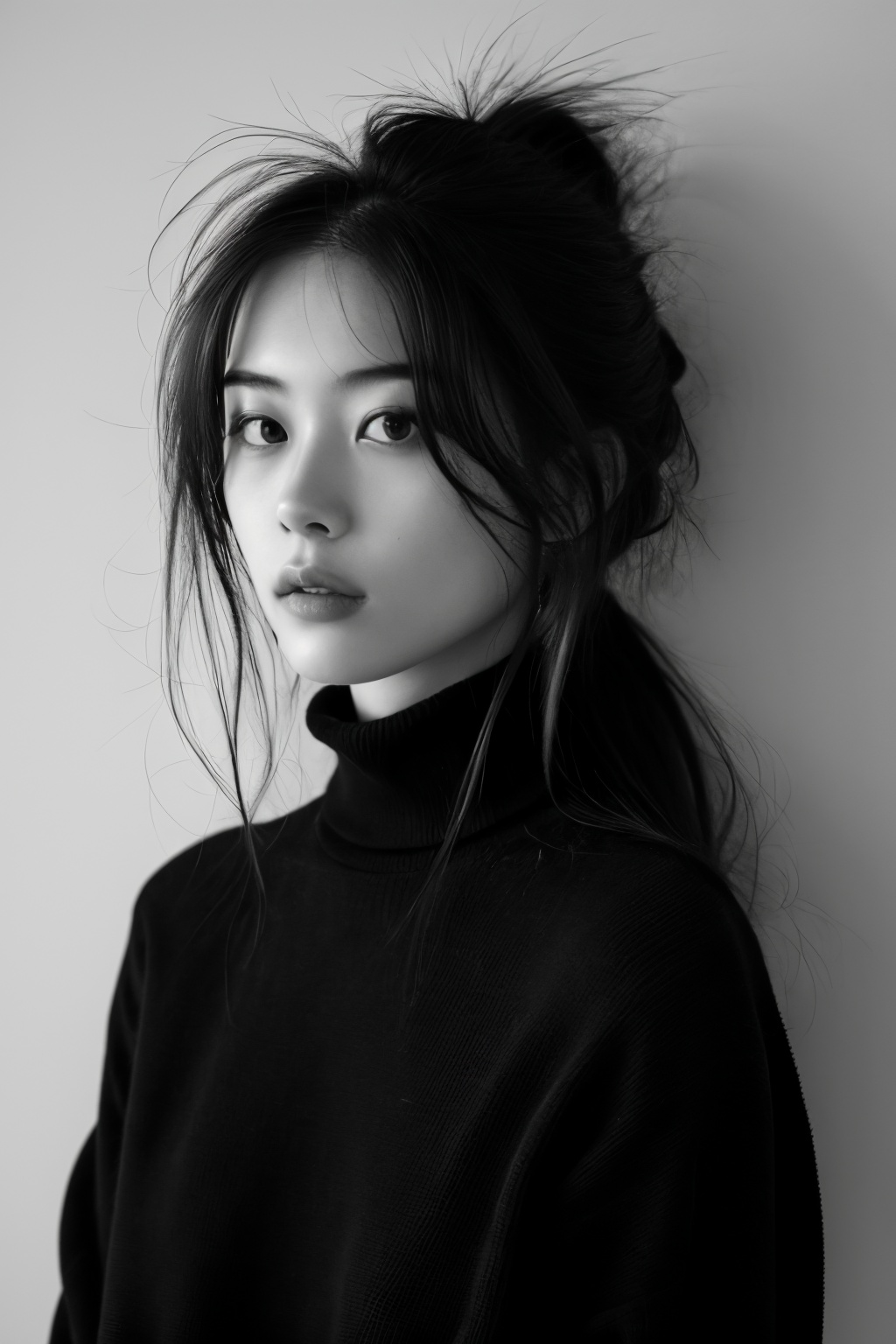 monochrome,1girl,solo,looking at viewer,long hair,turtleneck,upper body,, masterpiece, best quality,