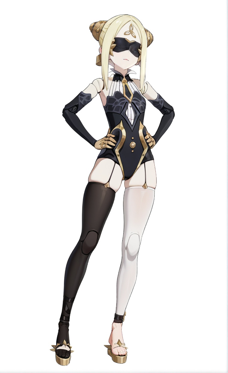 8k, best quality, masterpiece, (ultra-detailed), (high detailed skin), (white background:1.3), (full body:1.3), (white background), standing, looking at viewer, (solo:1.2), hands on hips, <lora:qianren-A3-Tanger-000010:0.7>, qianren, qianren's def clothes, 1girl, blindfold, blonde hair, joints, (white single thighhigh, only thighhighs:1.1), barefoot, (beautiful_face), 