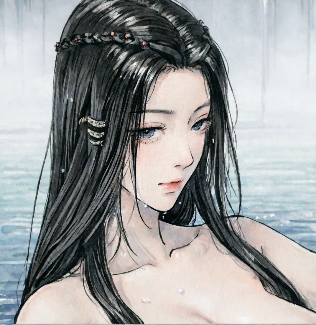 ((very awa)),solo,highly detailed,(best quality),((masterpiece)),1girl,chi,<lora:鸽正则nbXL:0.2>,ge,<lora:chi正则100nbXL:0.8>,traditional media,painting \(medium\),watercolor \(medium\),looking_at_viewer,<lora:元瑶nbXL:0.8>,yuanyao,long hair,hair ornament,nude,water,wet,upper_body,
