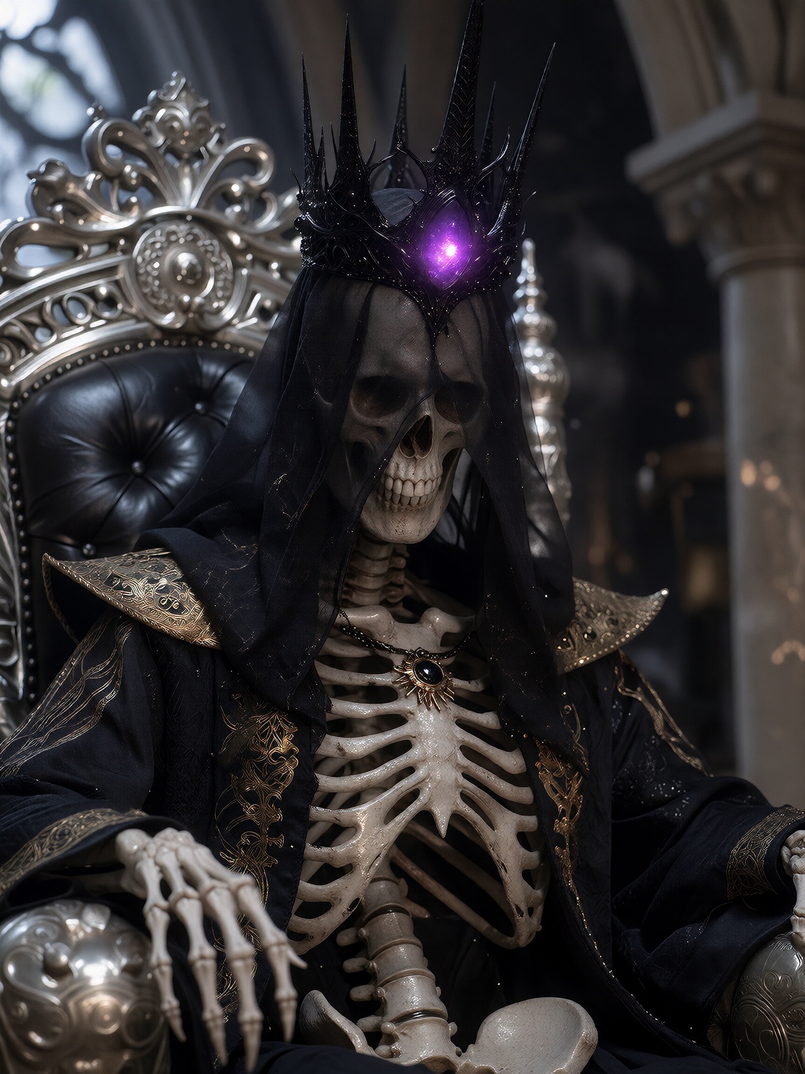 The skeleton king is sitting on his silver throne,  under a beam of midnight light. Thin black translucent shawl hangs ove...