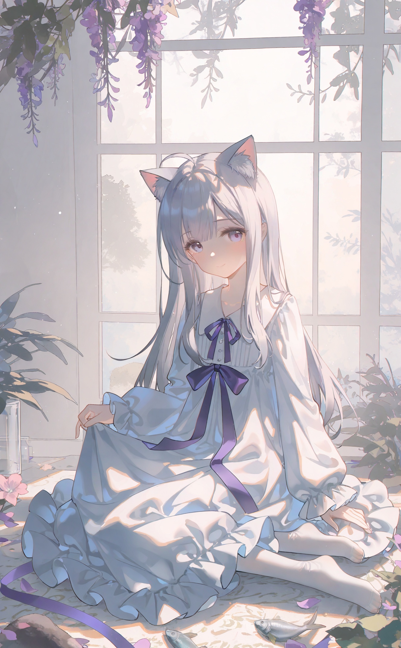 masterpiece,very aware,highres,absurdres,newest,best quality,loli,petite,high quality,chromatic_aberration,cinematic_angle,dutch angle, nyalia, //,artist:ciloranko,artist:ningen_mame,artist:sho_(sho_lwlw),artist:rhasta,artist:wlop,artist:ke-ta,artist:hiten \(hitenkei\),//1girl, white dress, cat ears, solo, off-shoulder dress, purple flower, blush, animal ear fluff, looking at viewer, fish, ahoge, yokozuwari, wisteria, smile, no shoes, purple ribbon, closed mouth, bare shoulders, very long hair, sleeves past wrists, frilled dress, cat, hair between eyes, petals, neck ribbon, skirt hold, plant, crescent, puffy sleeves, white pantyhose, cat girl, watermark, white hair, grey hair, long sleeves, light particles, purple eyes, dutch angle, full body, water, greenhouse, glass wall, glass, day, white carpet, indoors, sitting, pink flower, loli<lora:maomao-000055:0.8>,