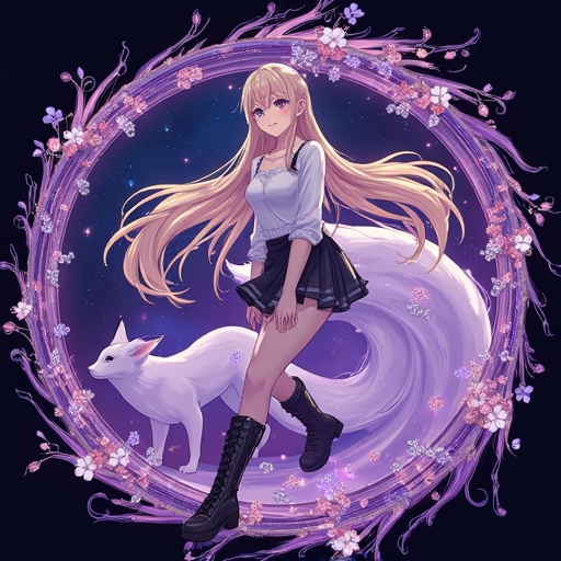 swirling trail of gold and purple behind her. She is facing the left side of the frame and smiling,  a white undershirt,...