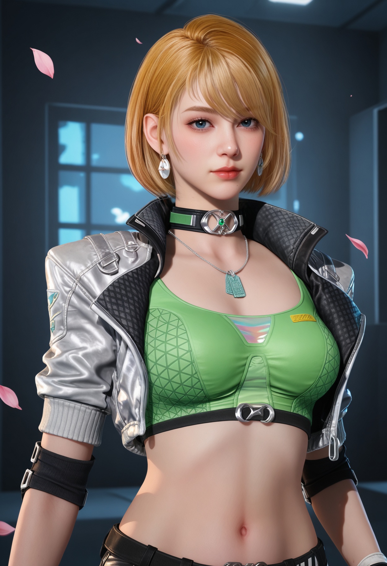 (upper_body:1.2),looking at viewer:1.1,masterpiece,(best quality),smog,Dark room,dim lighting,peach blossom,falling petals,<lora:YQ_Illustrious光辉v5_茉莉_V1:0.8>,q1528437228,1girl,blonde hair,jacket,short hair,solo,gloves,jewelry,cropped jacket,crop top,earrings,choker,shorts,short shorts,open jacket,black shorts,boots,dog tags,knee pads,blue eyes,necklace,white gloves,belt,