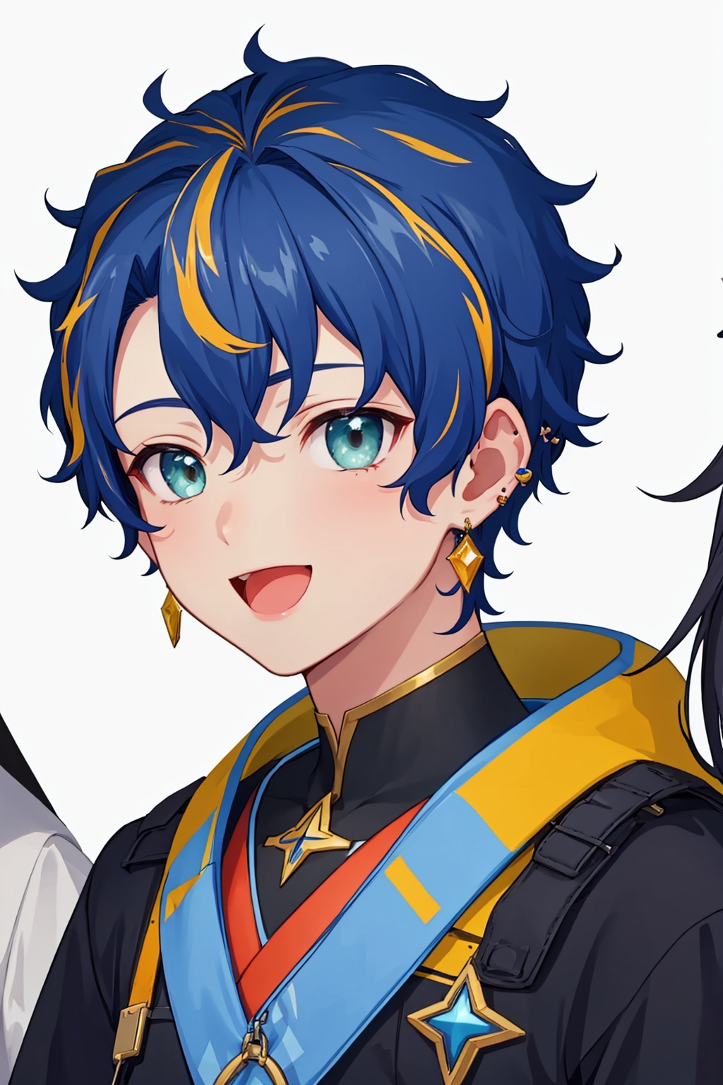 masterpiece,best quality, highly detailed, 1boy,astel leda,looking at viewer,male focus,simple background,solo,upper body,virtual youtuber,white background,smile,closed mouth,earrings,open mouth,<lora:astel_leda:1>