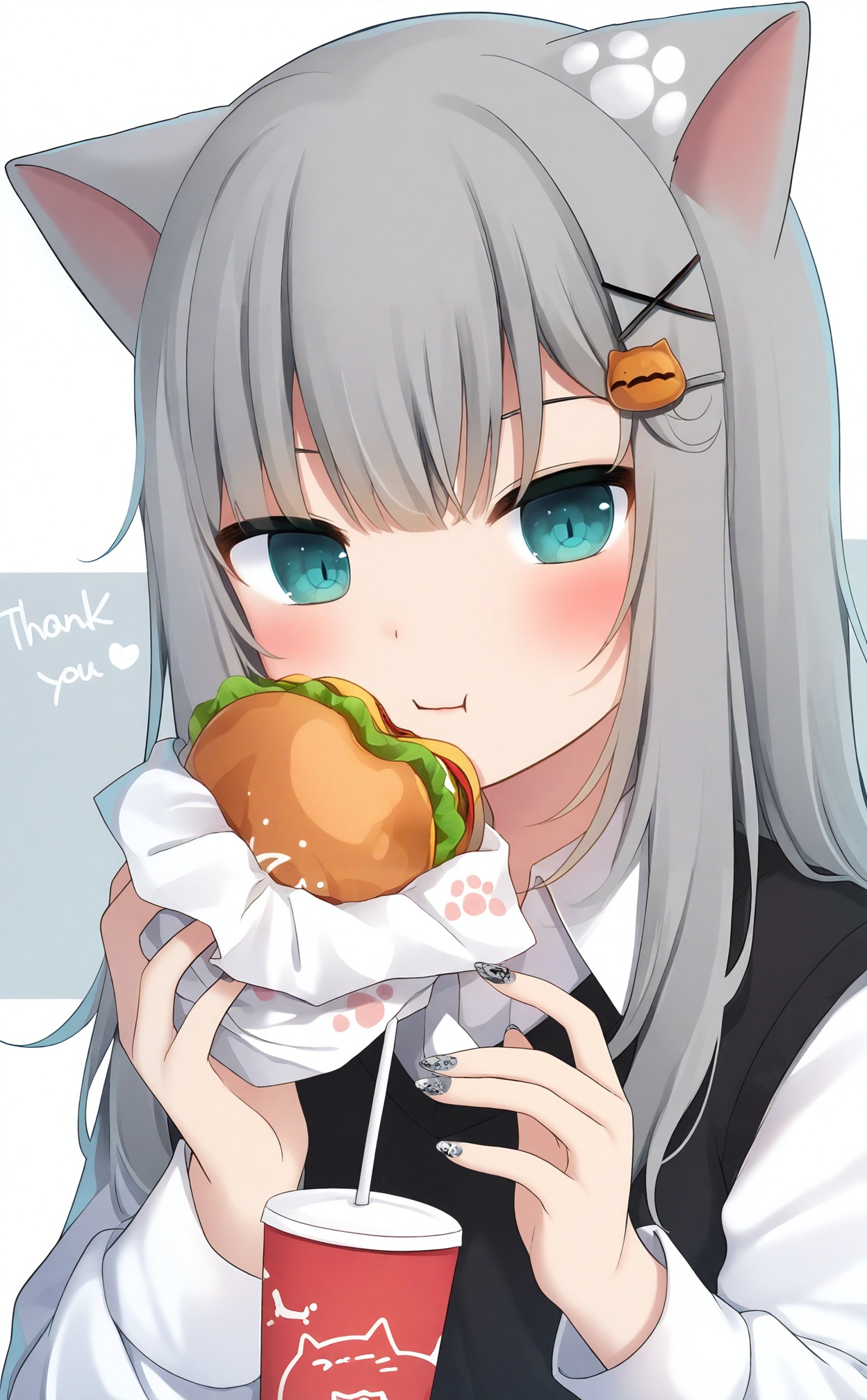 masterpiece,absurdres,best quality,loli,petite,high quality,chromatic_aberration,//,1girl,burger,grey_hair,food,holding,disposable_cup,hair_ornament,solo,holding_food,animal_ears,cup,thank_you,cat_ears,eating,milestone_celebration,x_hair_ornament,:t,blue_eyes,shirt,closed_mouth,cat_hair_ornament,drinking_straw,sweater_vest,virtual_youtuber,long_hair,looking_at_viewer,nail_polish,hairclip,upper_body,eyebrows_hidden_by_hair,grey_nails,two-tone_background,holding_cup,blush,white_shirt,grey_background,collared_shirt,chewing,drink,multicolored_nails,paw_print,cat_girl,aqua_eyes,fast_food,lettuce,//,//,<lora:gancheng——【noob】hans:0.88>,