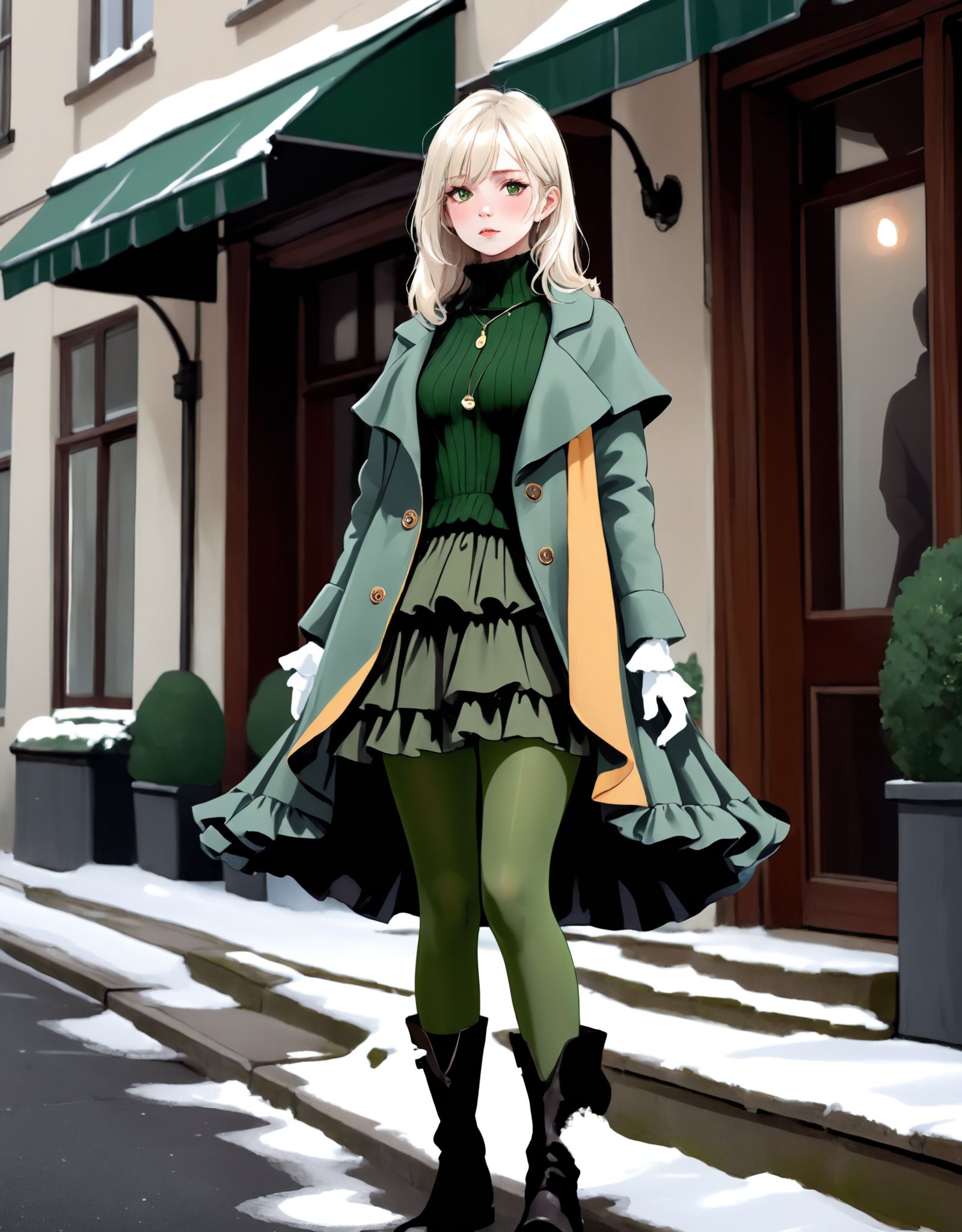 winter coordination of a loose-fitting knit with a frill tiered skirt in knee-length coat and long boots. moss green tight...