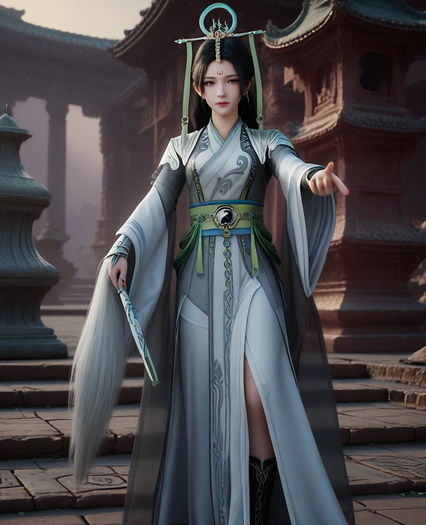 (oriental architecture, elegant decor, sophisticated style:1.1),(pointing:1.1),(breasts:1.2),<lora:XL16遮天陆灵:0.95>,miss luling,white dress,see-through wrap coat,forehead mark,black hair,long hair,hair ornament,sash,weapon,black boots,, score_9,score_8_up,score_7_up,score_6_up,score_5_up,score_4_up,3d rendering,tag1,tag2, Cinematic Lighting,backlighting,