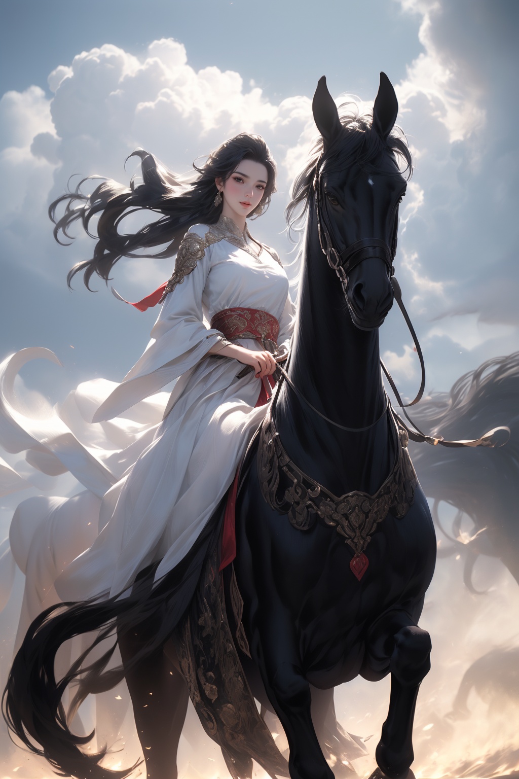 (8k,RAWphoto,bestquality,masterpiece:1.2),(realistic,photo-realistic:1.2)(rawphoto)(extremelydetailedCGunity8kwallpaper),1girl,black horse,red dress,white horse,<lora:DTbm_20230901182919-000004:0.5>,
