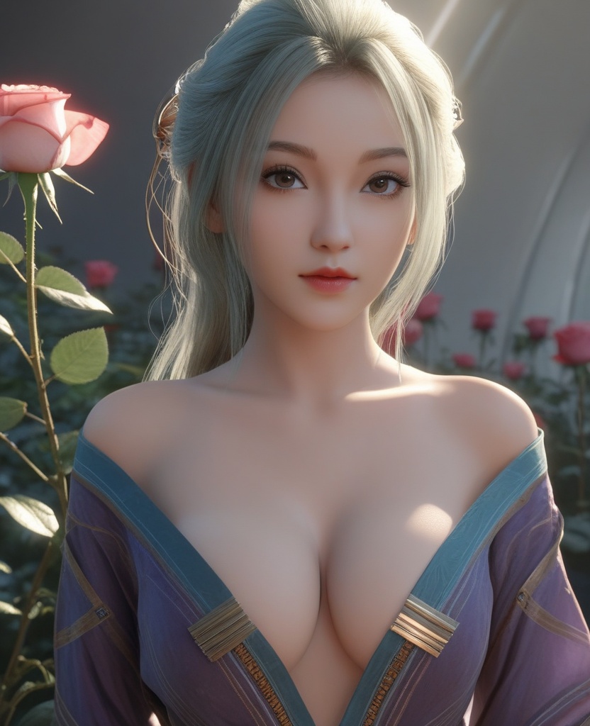 <lora:571-DA-XL-眷思量-奉眠:0.8>(,1girl, ,best quality, ),looking at viewer,masterpiece, (( , )),, realistic,science fiction,mole, ultra realistic 8k cg, sun ,  rose,(cleavage), (),