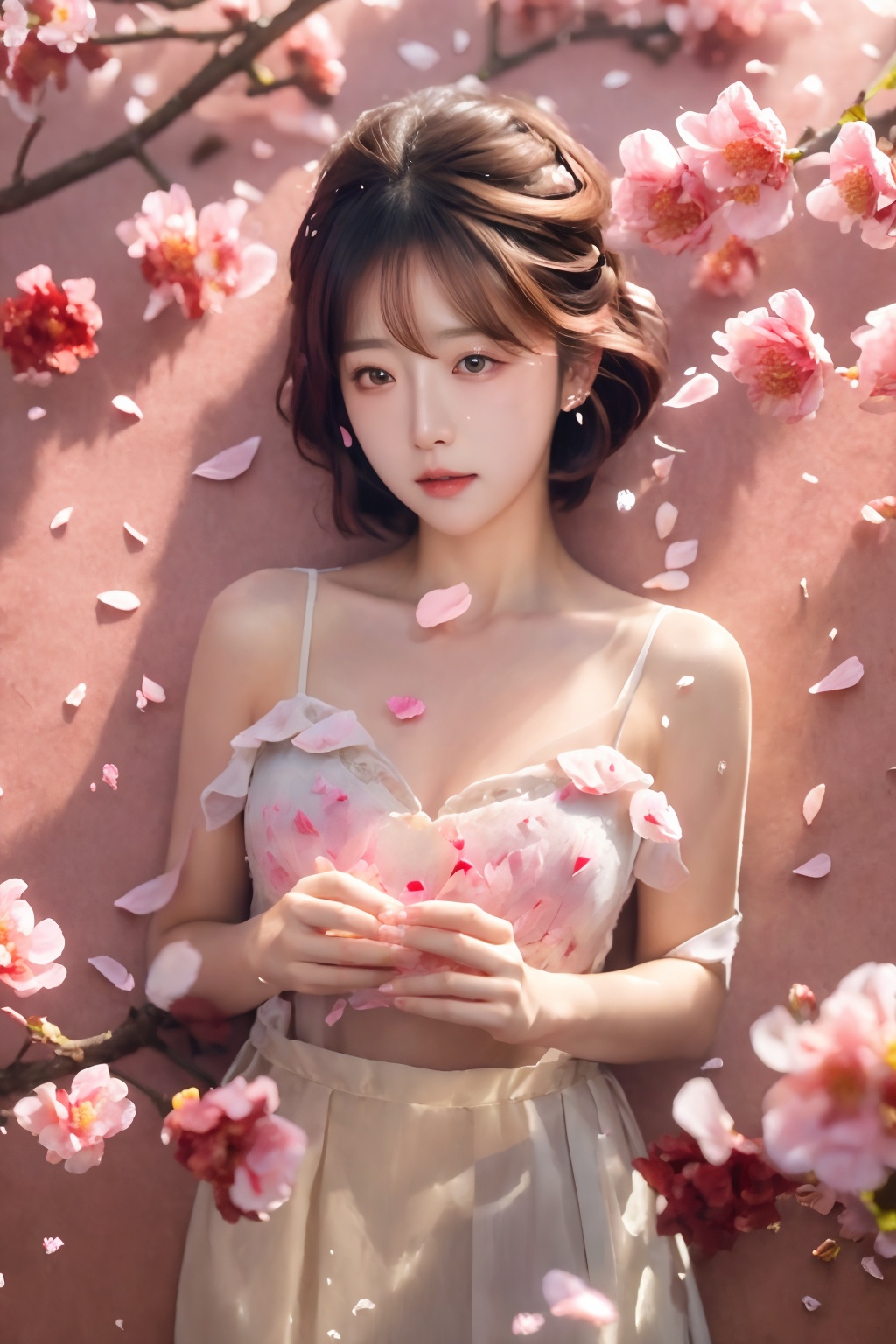 best quality,masterpiece,ultra high res,1girl,<lora:kong_落花飞舞:0.7>,falling petals,<lora:kong_细节优化_detail:-0.8>,<lora:kong_皮肤纹理_texture:0.6>,brown short hair,