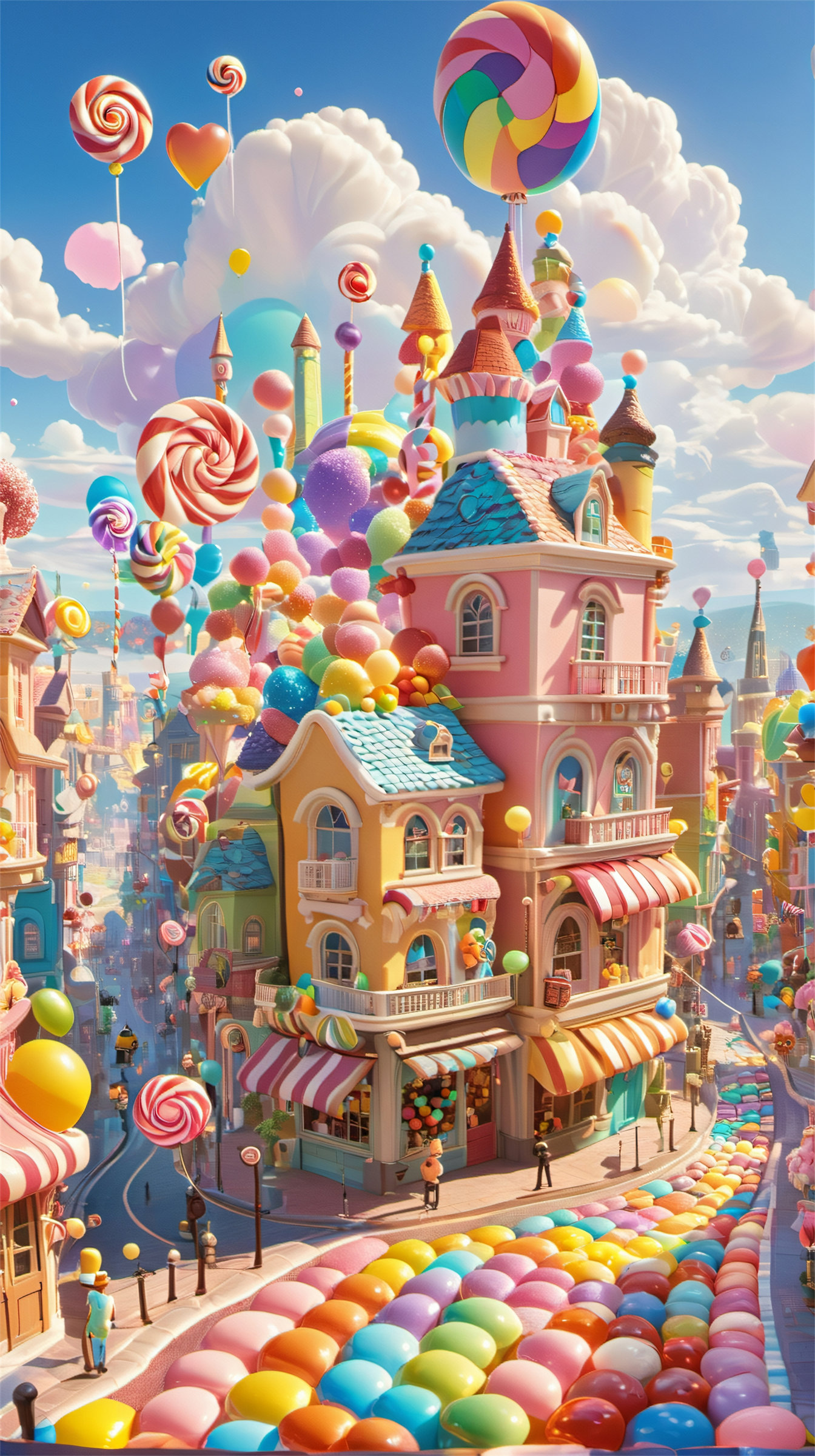 Dream style, scenery, cloud, outdoors, sky, balloon,The image showcases a vibrant and whimsical candy-themed cityscape with pastel-colored buildings, floating candy structures, and a rainbow-colored pathway.highly detailed,ultra-high resolutions,32K UHD,best quality,masterpiece,<lora:Dream style:0.9>,