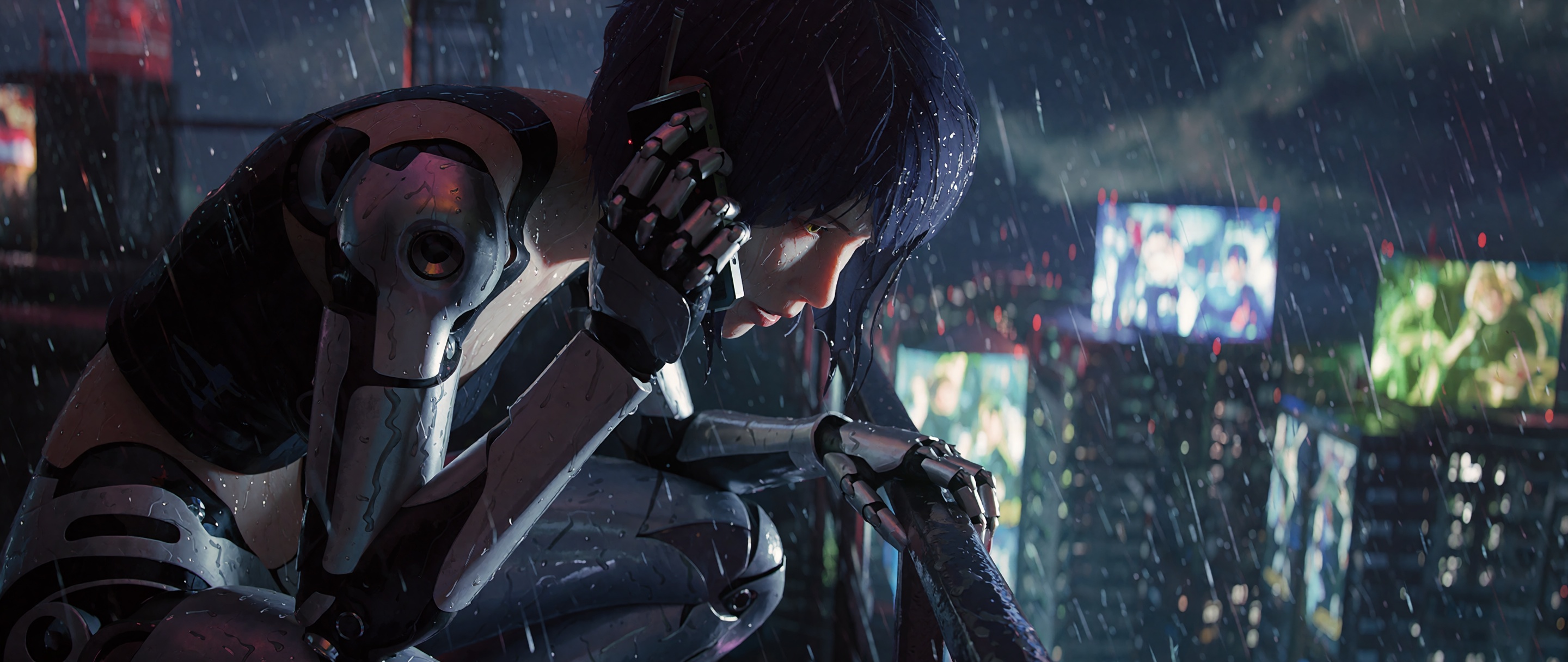 A medium close-up shot of Motoko Kusanagi crouched low on a rain-soaked rooftop at the edge of a towering building,  her b...