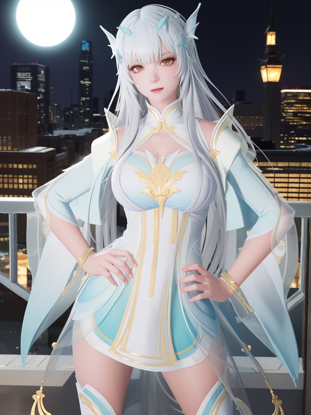 WZRxishiYLQY, 1girl, solo,white hair, long hair,dress, looking at viewer, toeless legwear, hair ornament, wide sleeves,long sleeves, <lora:WZRxishiYLQY:0.75>,cityscape, night, hand on hip, light mile,