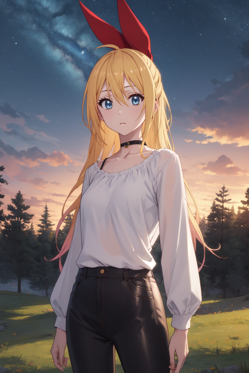 <lora:Chitoge-000008:0.8>,Chitoge CYQL,1girl,looking at viewer,solo,long hair,blonde hair,hair between eyes,ribbon,hair ribbon,red ribbon,hair bow,blue eyes,choker,Leather pants, white t-shirt, and ankle boots,bored,portrait,Sunset, Savanna, Grassland, Trees, Silhouettes, Colors, Wildlife, Horizon,(Cherry blossoms, Country lane, Evening glow, Cherry blossom drift, Rural tranquility, Dusk scenery:0.5),beautiful detailed sky,beautiful detailed glow,posing in front of a colorful and dynamic background,masterpiece,best quality,beautiful and aesthetic,contrapposto,female focus,wallpaper,