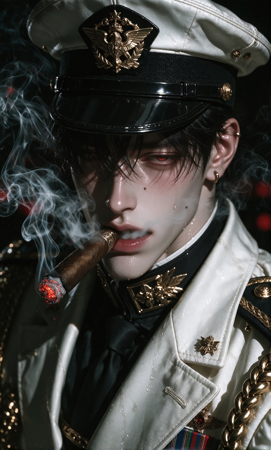 A male character with pale skin and sharp,  angular features stares intensely forward while exhaling thick white smoke fro...