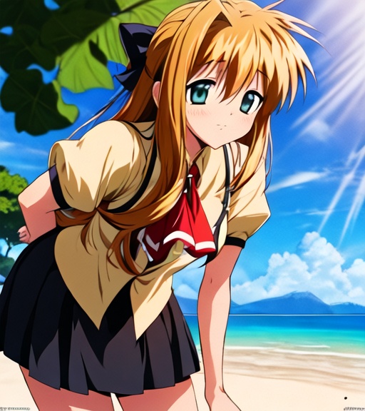((masterpiece:1.4, best quality))+, (ultra detailed)+, 1girl, solo,eyes,  bangs, skirt, shirt, long_sleeves, bow, closed_mouth,colorful,school uniform, uniform,looking away, sunshines through the leaves, ,expressionless,beach,kamio misuzu, arm behind back, center frills,  <lora:lora:1>,leaning forward, 
