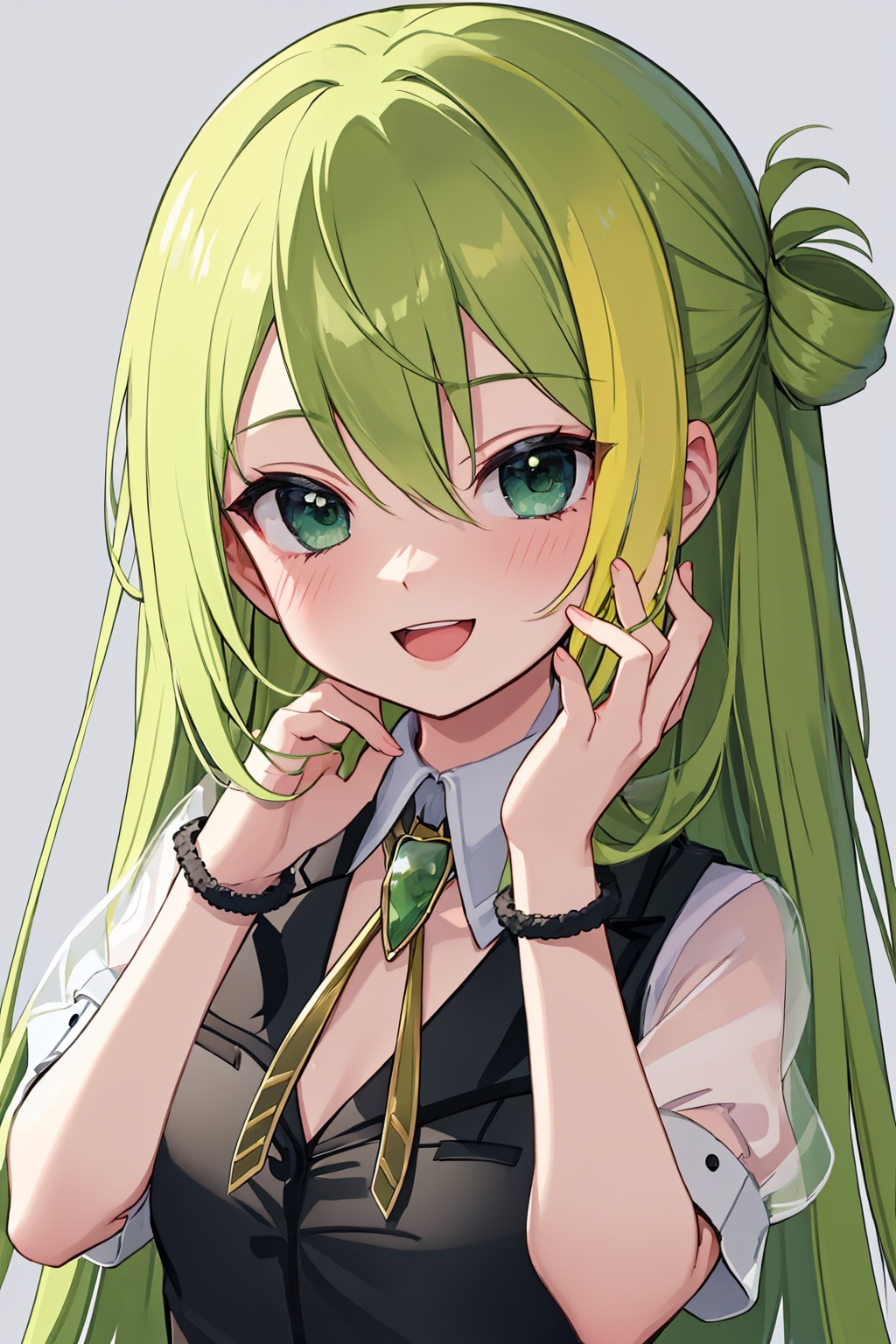 masterpiece,best quality, highly detailed, 1girl,alina gray,black necktie,black vest,blunt ends,brooch,cross tie,detached collar,green gemstone,lapels,puffy short sleeves,see-through sleeves,sleeve cuffs,solo,v-neck,white collar,white sleeves,open mouth,smile,blush,chain,<lora:alina_gray:1>