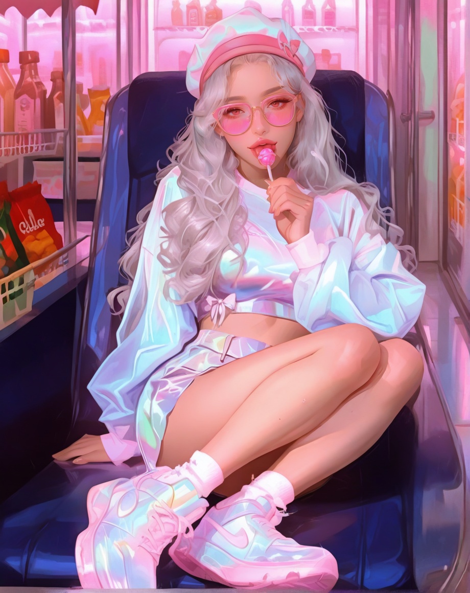 female focus, mature, solo, Long hair, forehead,light gray hair, slightly wavy hair, street style clothes, iridescent clothes, soft purple clothes, soft blue clothes, cap, pink tinted glasses, crop top, long sleeves, shorts, shoes, holding lollipop, licking lollipop, looking at viewer, red eyes, sitting in supermarket trolley, metallic trolley, arm on trolley, legs on trolley, mischievous expression, fantasy art, beautiful professional shot, magical, fantasy  <lora:BurntSugar:1>