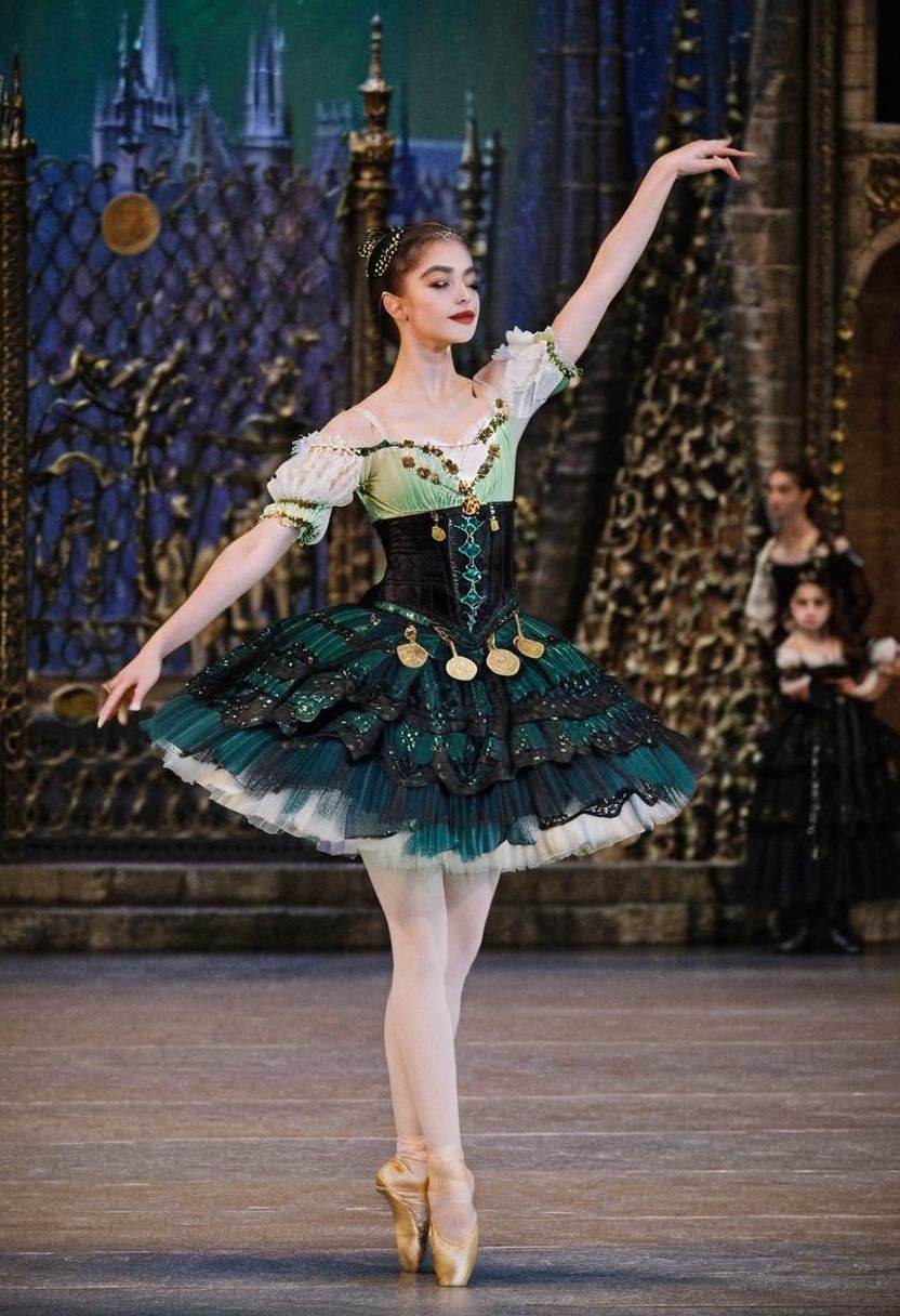 A dynamic full body establishing shot of Ja4w3 performing onstage in a ballet production,  ((updo hairstyle adorned with g...