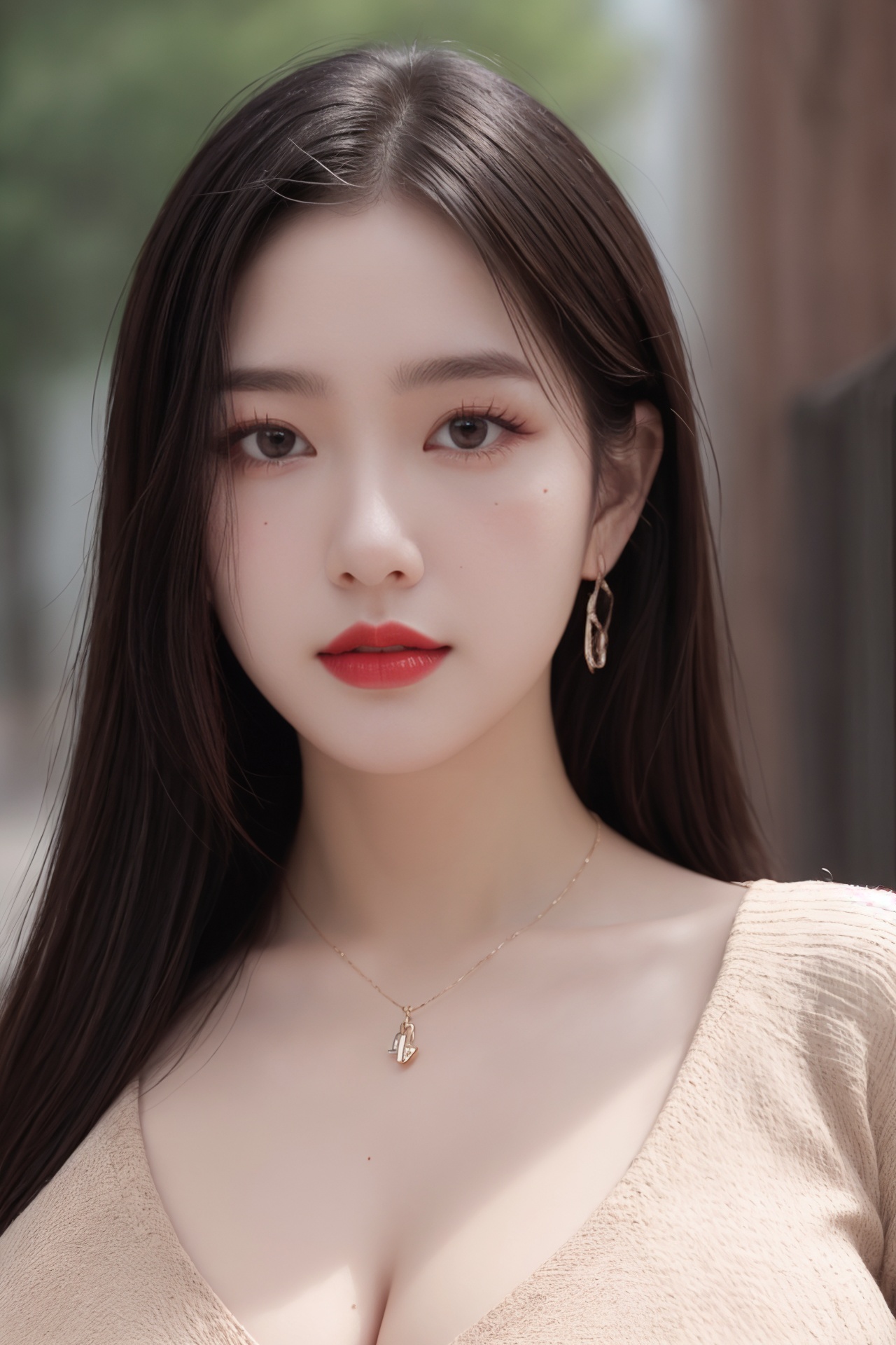 1girl, black hair, breasts, brown eyes, cleavage, jacket, jewelry, large breasts, letterboxed, lips, long hair, looking at viewer, makeup, mole, necklace, outdoors, realistic, red lips, shirt, solo, upper body,chubby face<lora:肉嘟嘟:0.8>