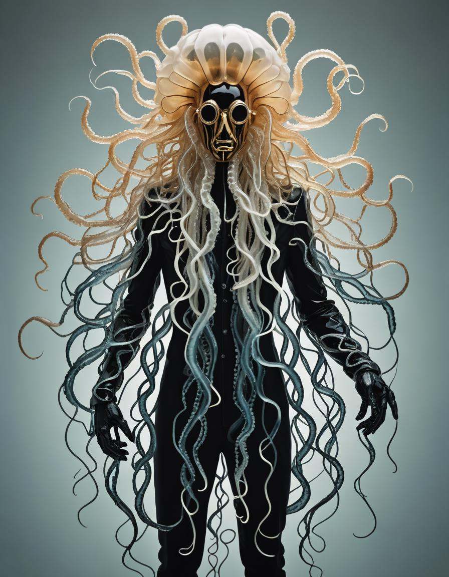 A character made out of jellyfish tentacles, surrealism, reminiscent of Salvador Dali