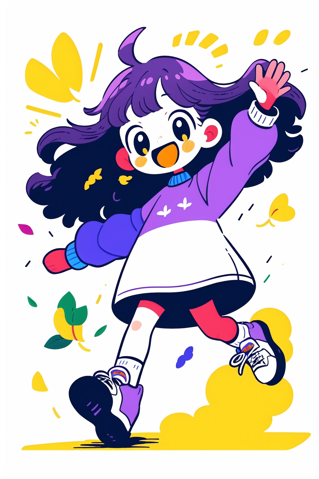 <lora:pencil style-7:0.8>,smile, kite, open mouth, simple background, long sword, shoes, white background, raise hand, socks, walk, black eyes, full body, long sleeves, purple hair, trainers, white shoes and socks, white socks, jumper, colourful, yellow coloured eyes, big leaves