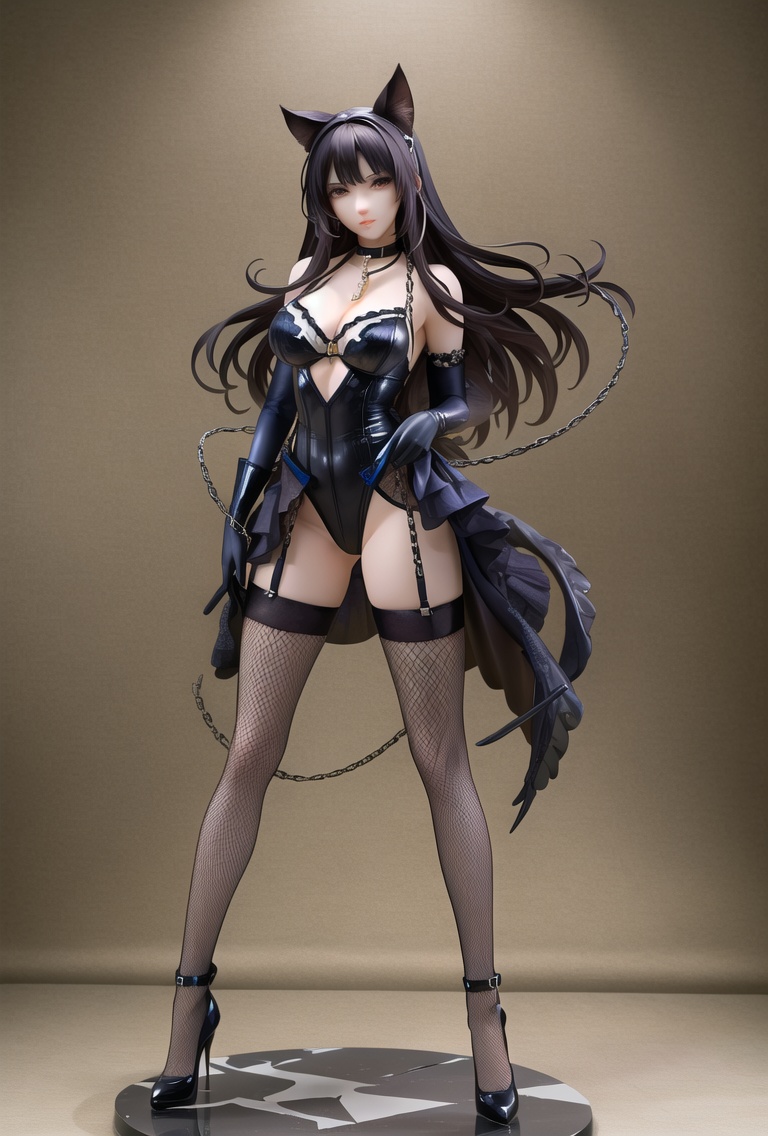 (best quality:1.5),(masterpiece:1.5),intricate detail,great textures,ultra high res,photorealistic,realistic,killer,PVC figure,1girl,animal ears,thighhighs,solo,breasts,tail,gloves,large breasts,long hair,elbow gloves,chain,full body,fishnets,leotard,fishnet thighhighs,looking at viewer,black hair,black gloves,collar,red eyes,standing,cleavage,high heels,<lora:killer手办模型-000006:0.8>,