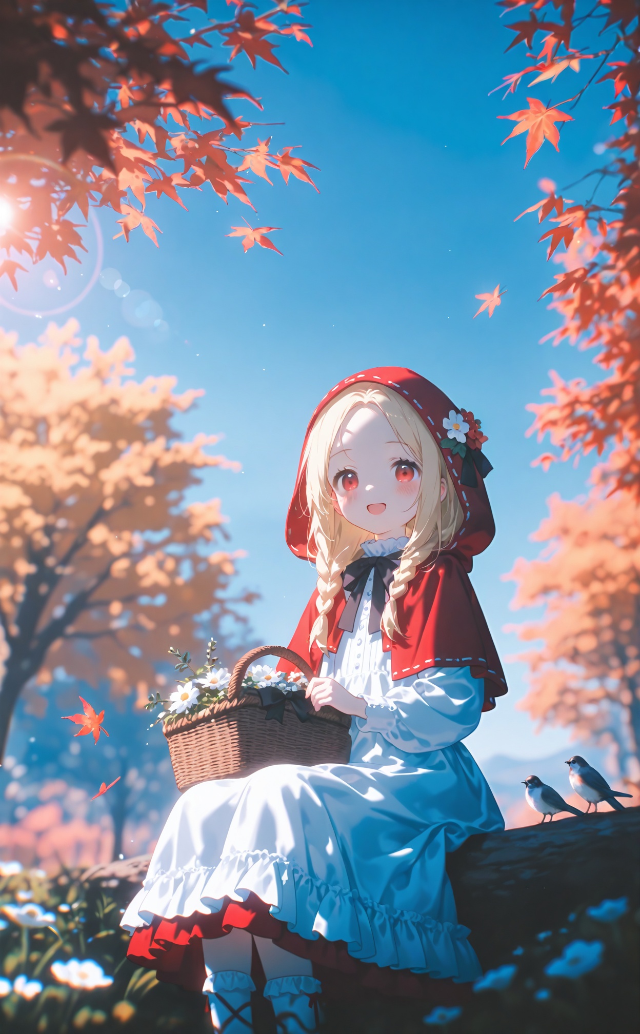 masterpiece,very aware,highres,absurdres,newest,best quality,high quality,loli,petite,chromatic_aberration,Light Blue Theme,lens_flare,dynamic_angle,cinematic_angle,//,artist:konya_karasue,//,loli,night,gothic,long dress,1girl,basket,solo,dress,long_hair,hood,blonde_hair,red_eyes,flower,looking_at_viewer,smile,sitting,outdoors,blush,white_dress,hair_ornament,leaf,autumn_leaves,white_socks,open_mouth,hooded_capelet,white_flower,hair_flower,socks,capelet,bird,:d,tree,frills,hood_up,day,braid,blurry,red_capelet,depth_of_field,little_red_riding_hood_(grimm),forehead,frilled_dress,feet_out_of_frame,picnic_basket,maple_leaf,bow,animal,holding_basket,