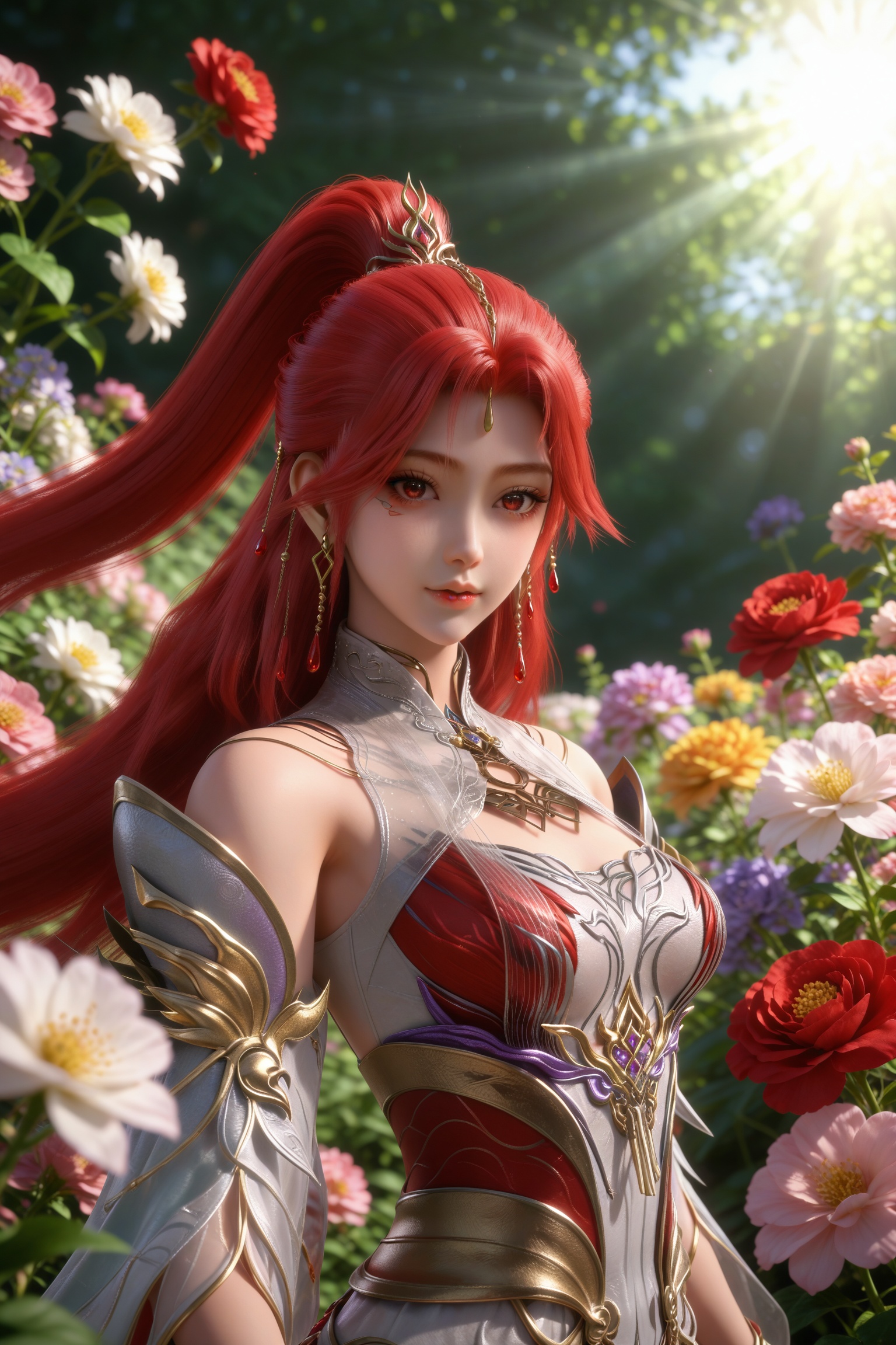 <lora:百炼成神-火允儿PonyV1.0:0.7>,1girl,long hair,ponytail,red hair,hair ornament,red eyes,earrings,white dress,bare shoulders,detached sleeves,clothing cutout,red dress,white footwear,, upper body dappled sunlight flower looking at viewer sunlight upper body