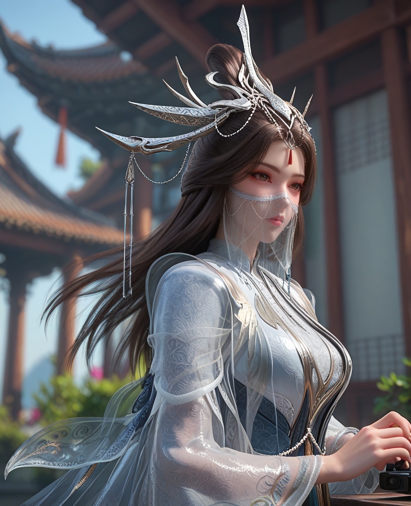 (oriental architecture, elegant decor, sophisticated style:1.1),(parkour, jumping over camera:1.1),(breasts:1.2),<lora:XL百炼成神玉婆婆:0.9>,miss yupopo,long hair,veil,black hair,hair ornament,dress,mouth veil,brown eyes,see-through,jewelry,, zPDXL2, score_9, score_8_up, score_7_up BREAK realistic, masterpiece,best quality, highly detailed,, zPDXL3, zPDXL2,zPDXL, zPDXLxxx, zPDXLrl,