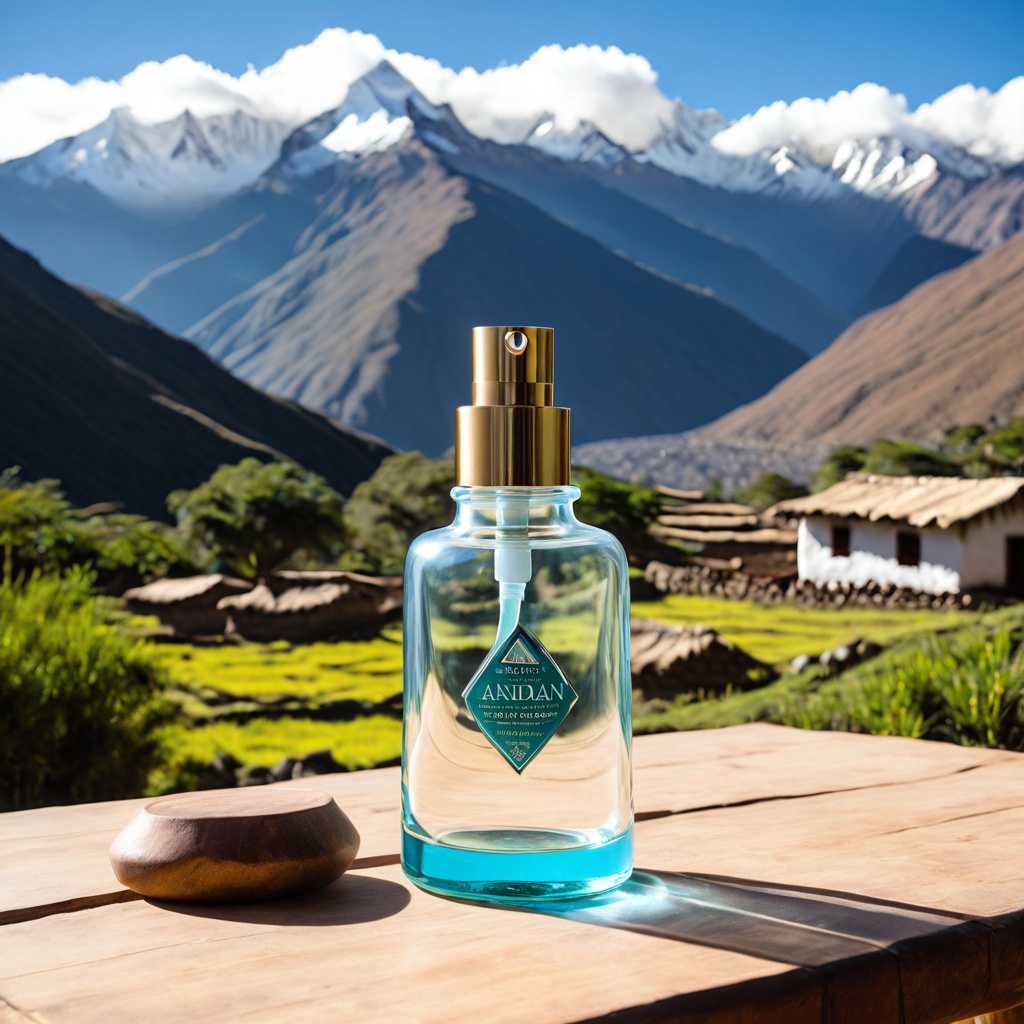 sceneandeahighl,  a glass skincare bottle,  Andean highland village table on Tensor.Art